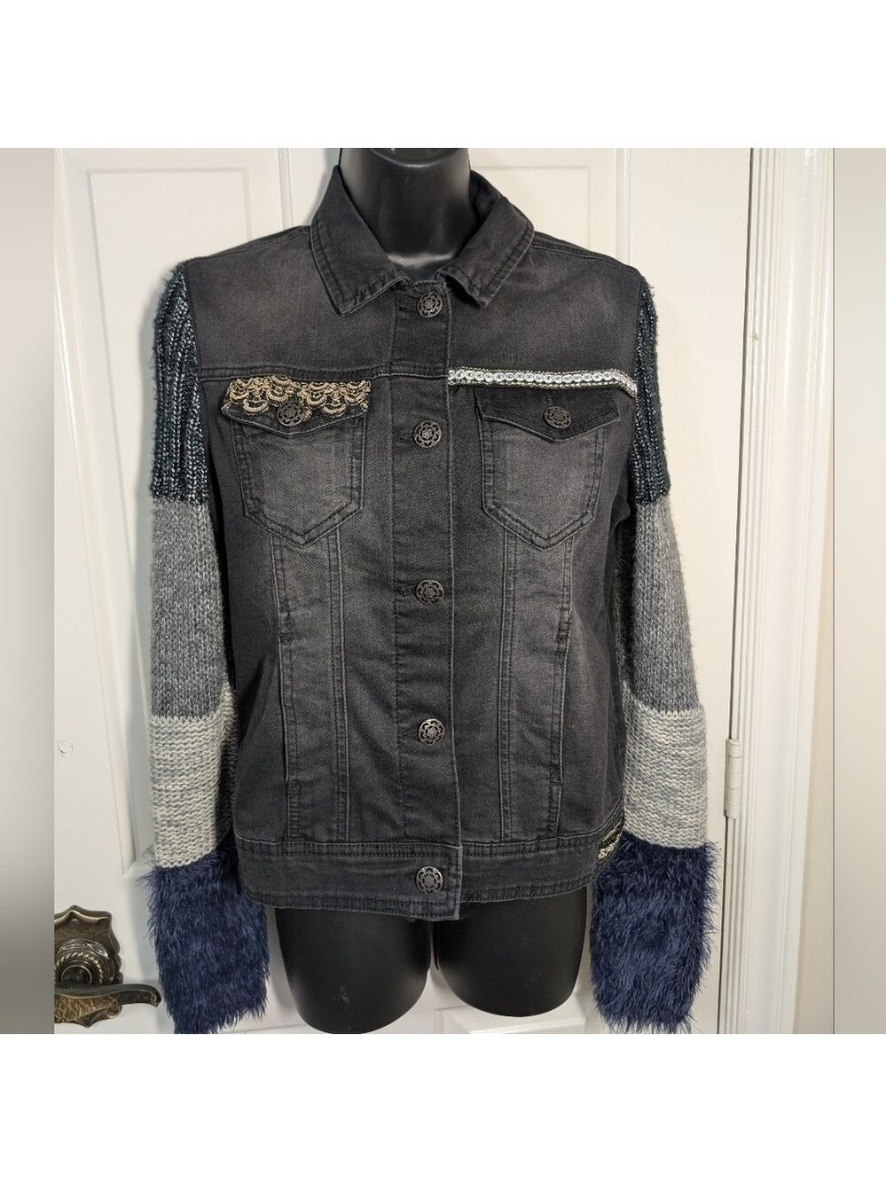 Desigual Jean Jacket Mixed Media Embellished Size 36 Eur (xs-sm)